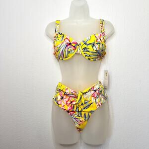 TiniBikini Yellow Tropical Print High Cut Cheeky Underwire Bikini NWT Size Large